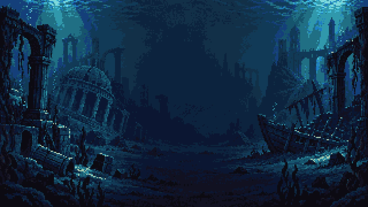 Ruined buildings submerged in the blue depths of the underworks.