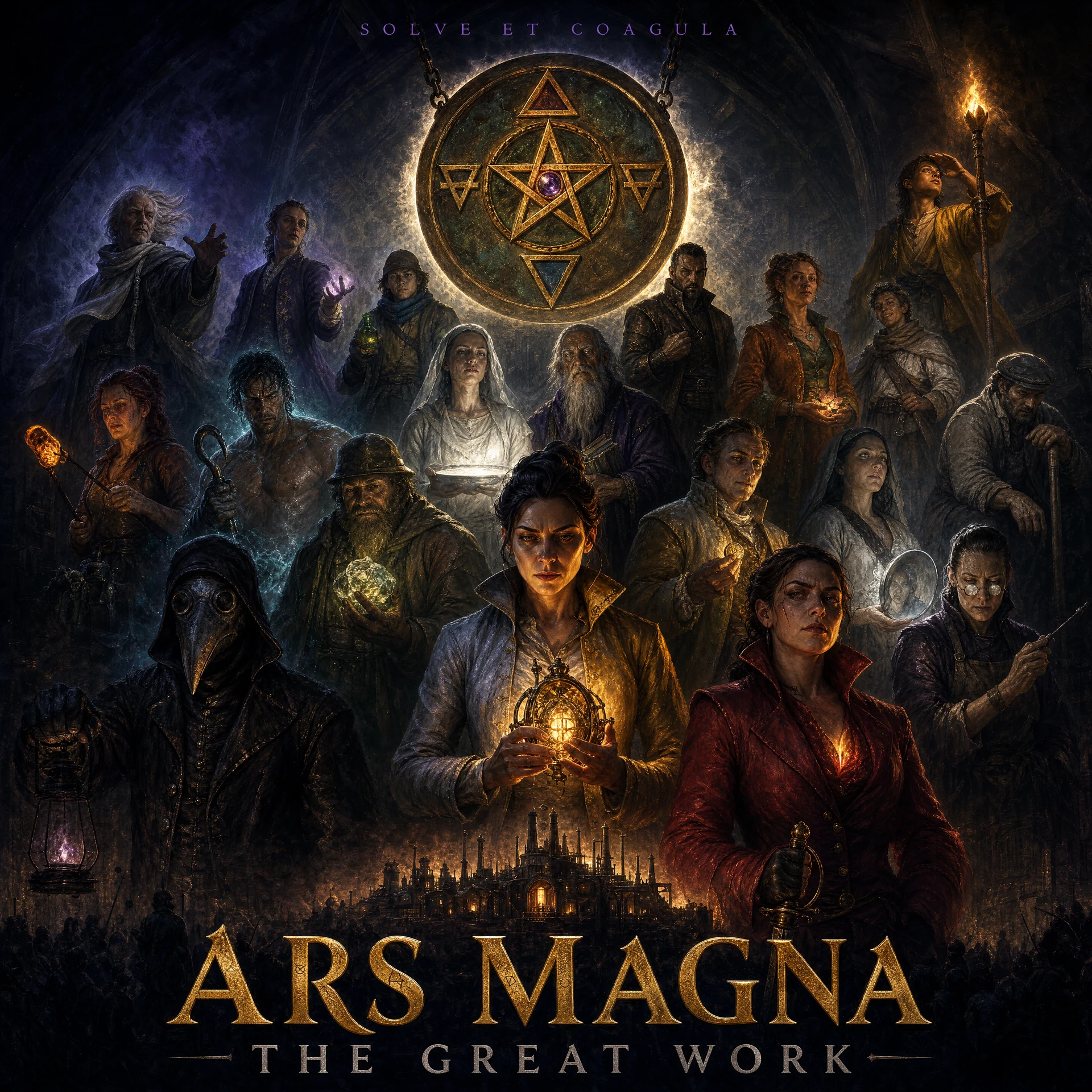 The alchemists of Ars Magna gathered beneath a great golden seal, lit by fire, moonlight, and the glow of their work.